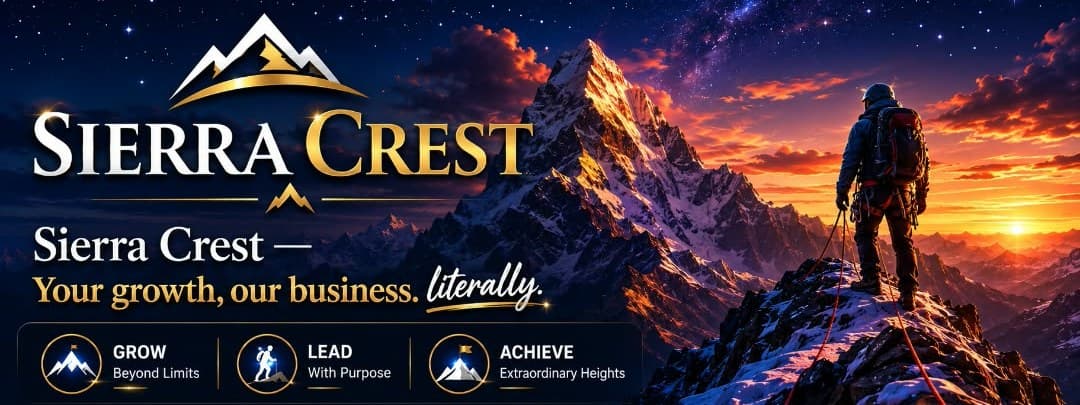 Sierra Crest — your growth, our business. A climber standing on a summit at sunrise, with the marks Grow Beyond Limits, Lead With Purpose, and Achieve Extraordinary Heights.
